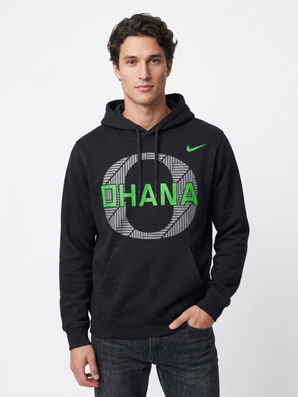 Nike Black "Ohana" Hoodie With Green Graphics Large